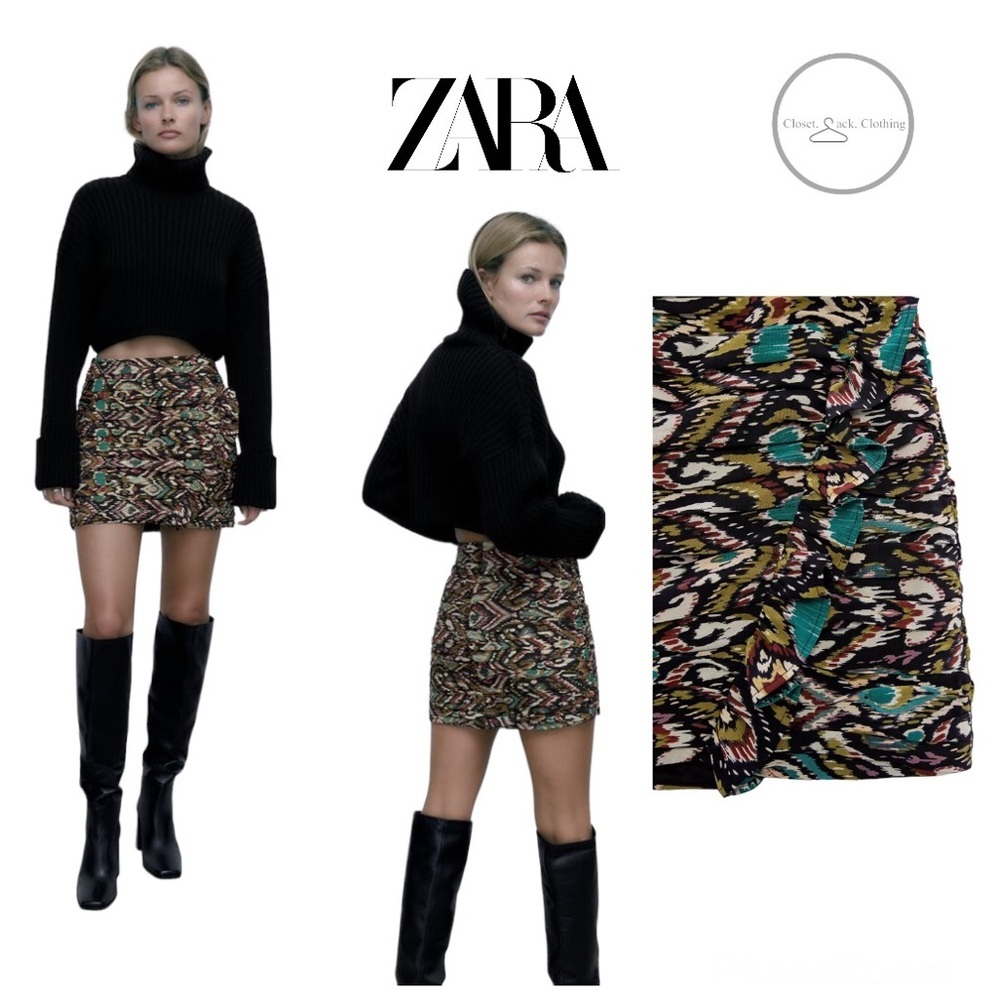 Zara PRINTED MINI SKIRT WITH RUFFLES size Medium